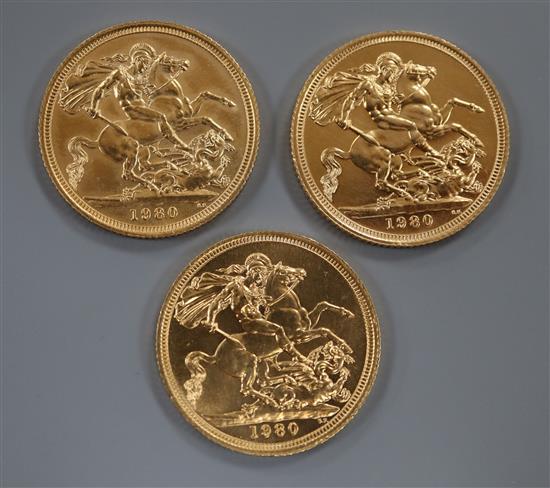 Three 1980 gold sovereigns, UNC